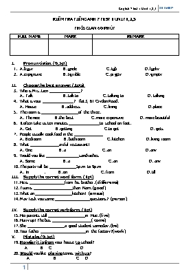 Đề kiểm tra Unit 1, 2, 3 môn Tiếng Anh Lớp 7 - Đề 1